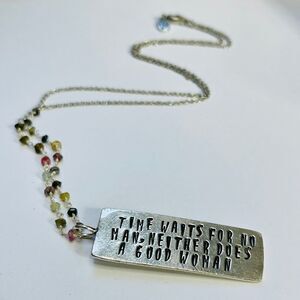 Silver plated quote necklace with tourmaline wire wrapped stone chain.